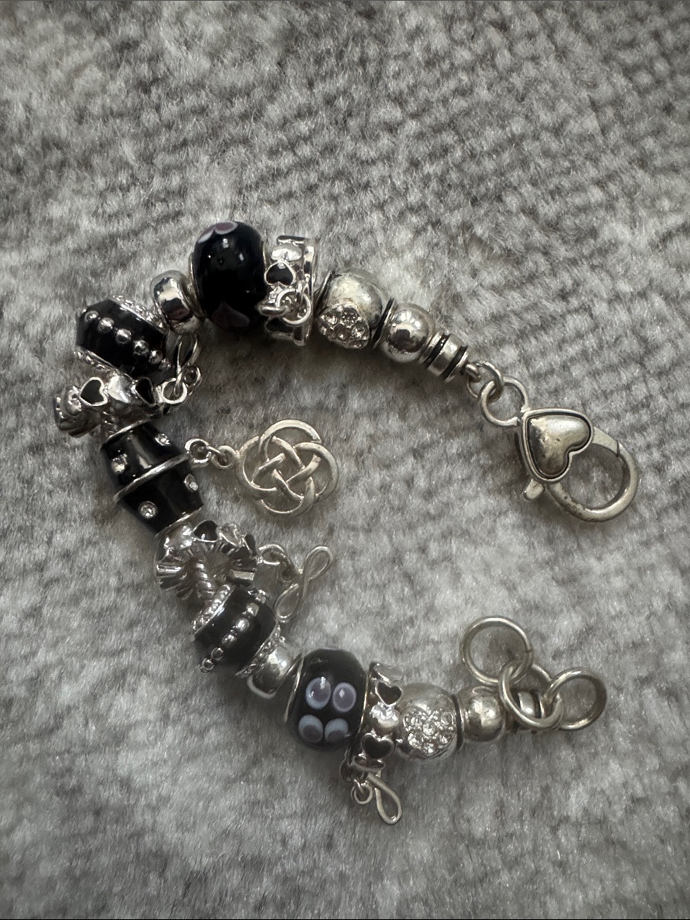 Silver Charm Bracelet with Black and Lavender Glass Beads
